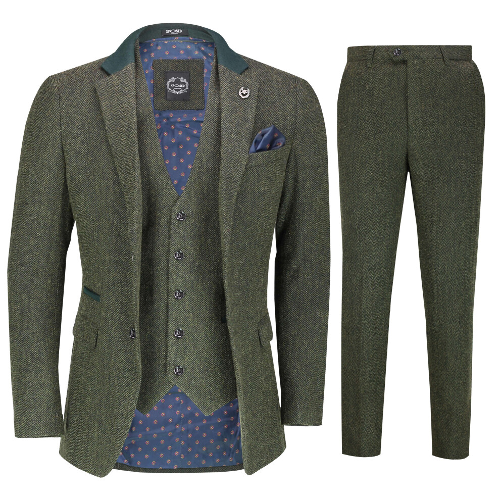 (44, Green) Mens Tweed 3 Piece Suit Retro Smart Tailored Fit Herringbone Jacket Waistcoat Trousers