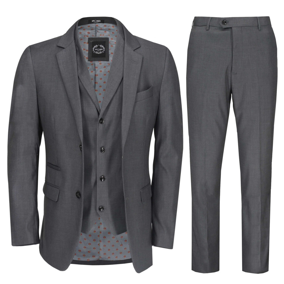 (42, Charcoal) GRAHAM - Mens 3 Piece Office Suits Grey Black Navy Smart Classic Tailored Fit Business Jacket