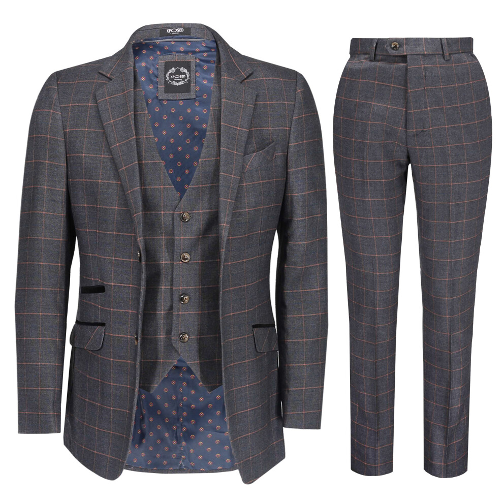 (42, Grey) Xposed Mens 3 Piece Blue Orange Window Check Retro Smart Tailored Fit Vintage Suit