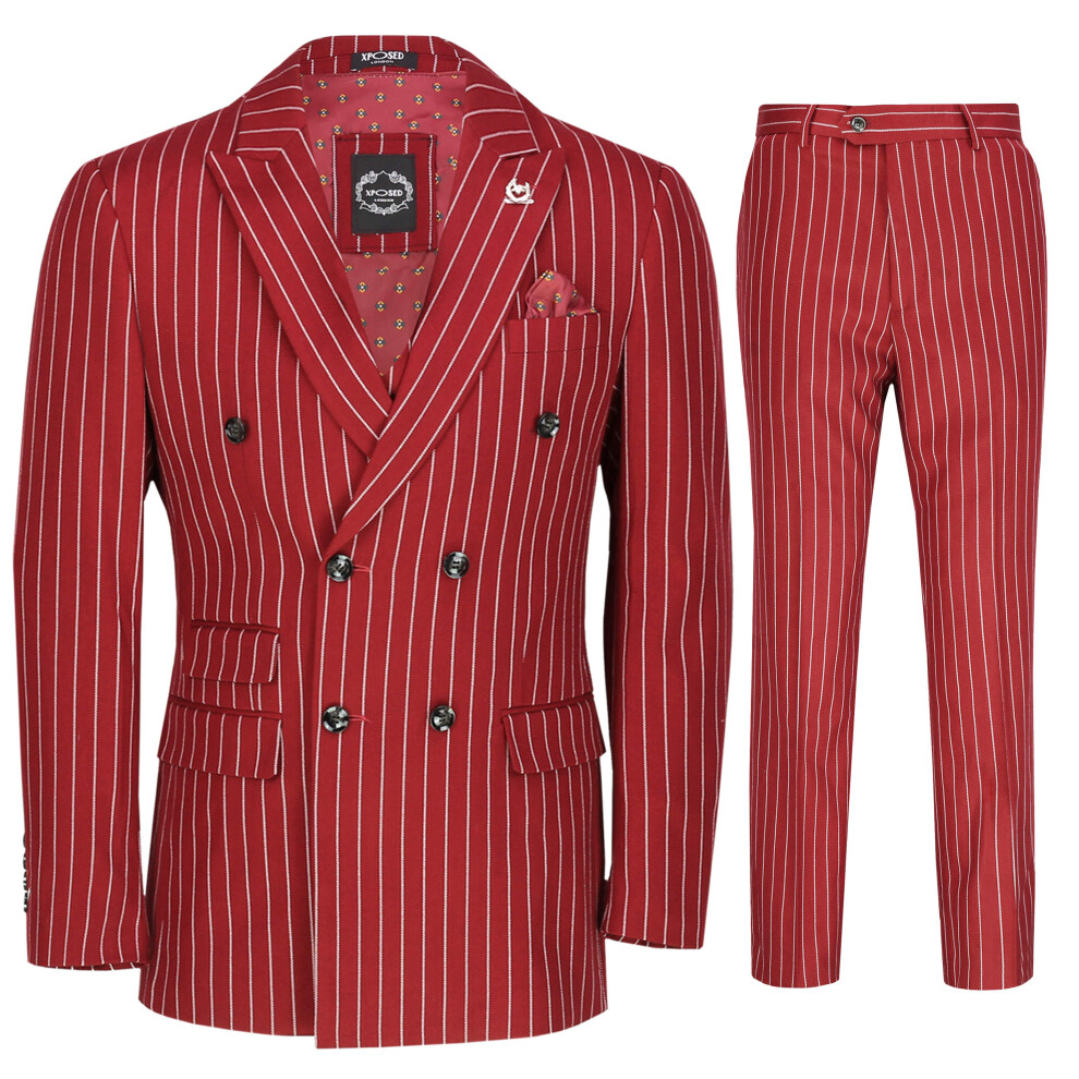 (48, Maroon) Mens 3 Piece Double Breasted Suit Vintage Chalk Stripe Smart Classic Pinstipes Tailored Fit