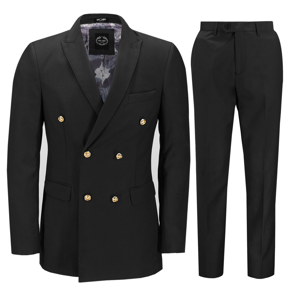 (48, Black) Mens Gold Button Peak Lapel 2 Piece Suit in Navy Blue, Black Double Breasted Tailored Fit Jacket-image-OPC-PBFN9YR-NEW