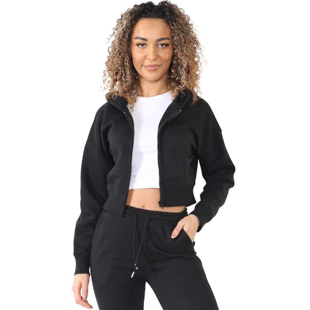 (S, Black) Enzo Womens Zipped Crop Hoodie