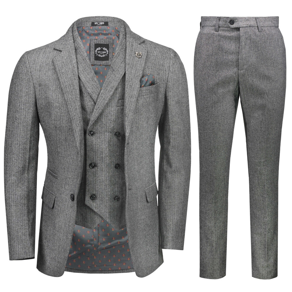 (52, Grey) Mens JAX Herringbone 3 Piece Suit Retro 1920s Grey Brown Tweed Classic Tailored Fit-image-OPC-PBFN9JV-NEW