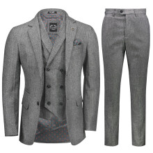 (54, Grey) Mens JAX Herringbone 3 Piece Suit Retro 1920s Grey Brown Tweed Classic Tailored Fit