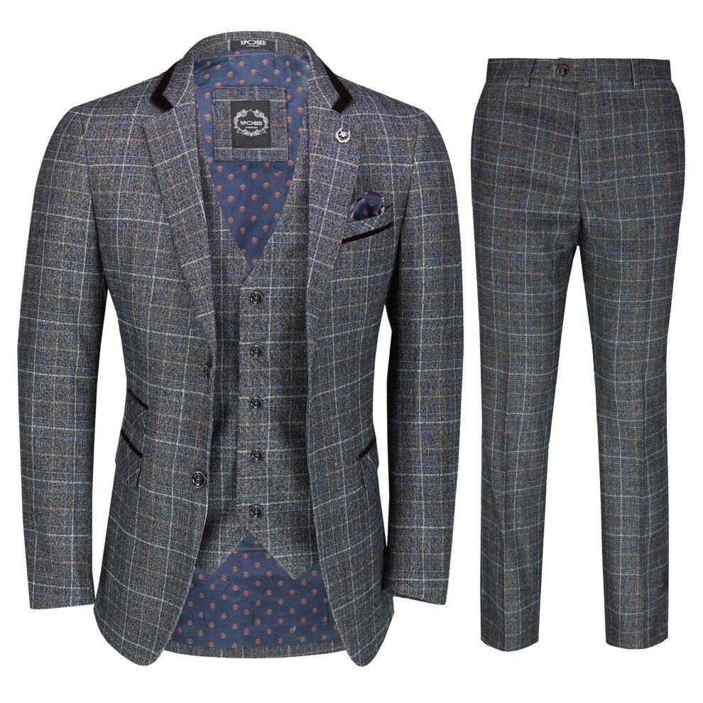 (44, Grey) Mens 3 Piece Tweed Suit Gatsby Retro Prince of Wales Check Smart Tailored Fit Jacket Trouser Waistcoat