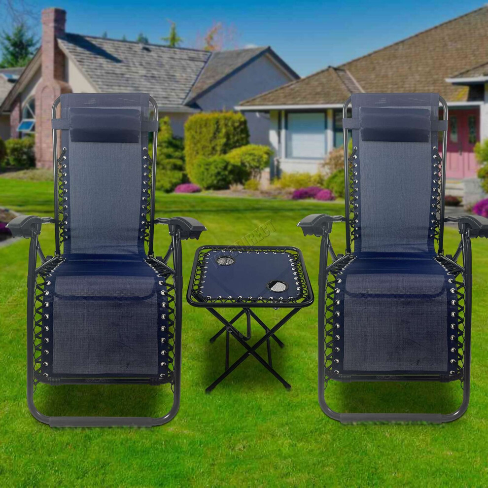 (Blue) BIRCHTREE Set of 3 Sun Recliner Foldable Chair&Table Patio Garden Beach Lounge