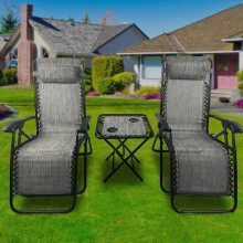 (Grey) BIRCHTREE Set of 3 Sun Recliner Foldable Chair&Table Patio Garden Beach Lounge