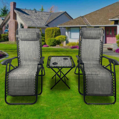 (Grey) BIRCHTREE Set of 3 Sun Recliner Foldable Chair&Table Patio Garden Beach Lounge
