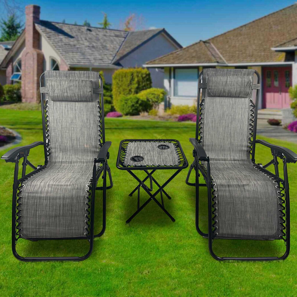 (Grey) BIRCHTREE Set of 3 Sun Recliner Foldable Chair&Table Patio Garden Beach Lounge