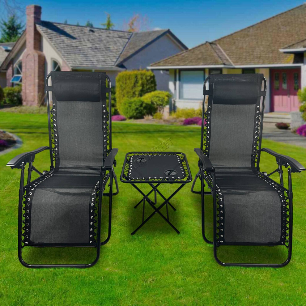 (Black) BIRCHTREE Set of 3 Sun Recliner Foldable Chair&Table Patio Garden Beach Lounge