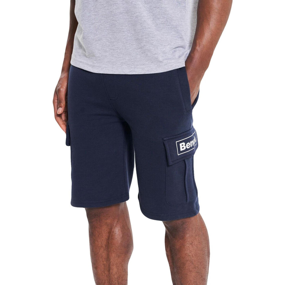 (Navy - Claxton, M) Mens Combat Shorts Gym Elasticated Waist Gym Pants