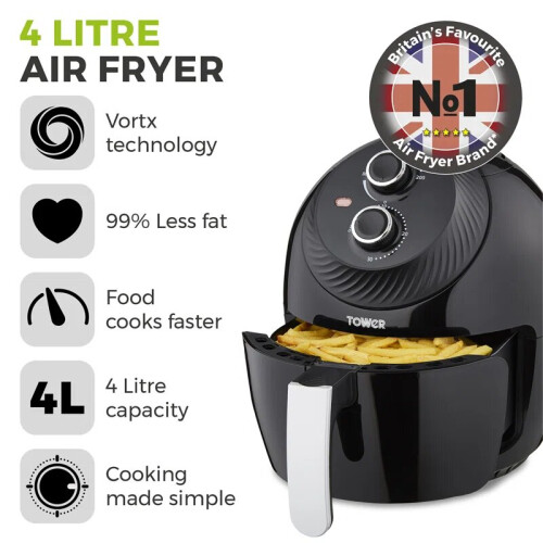 Tower T17082 Vortx 4L Manual 1400W Air Fryer In Black On OnBuy