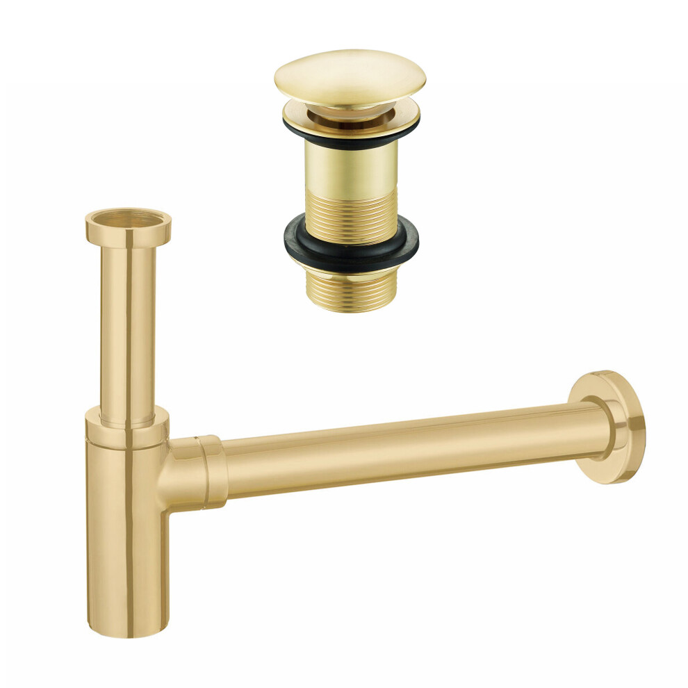 Brushed Brass Full Cover Unslotted Basin Waste & Minimalist Bottle Trap