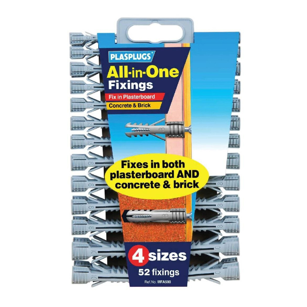 52 x Plasplugs Assorted Wall Raw Fixings for Concrete & Plasterboard
