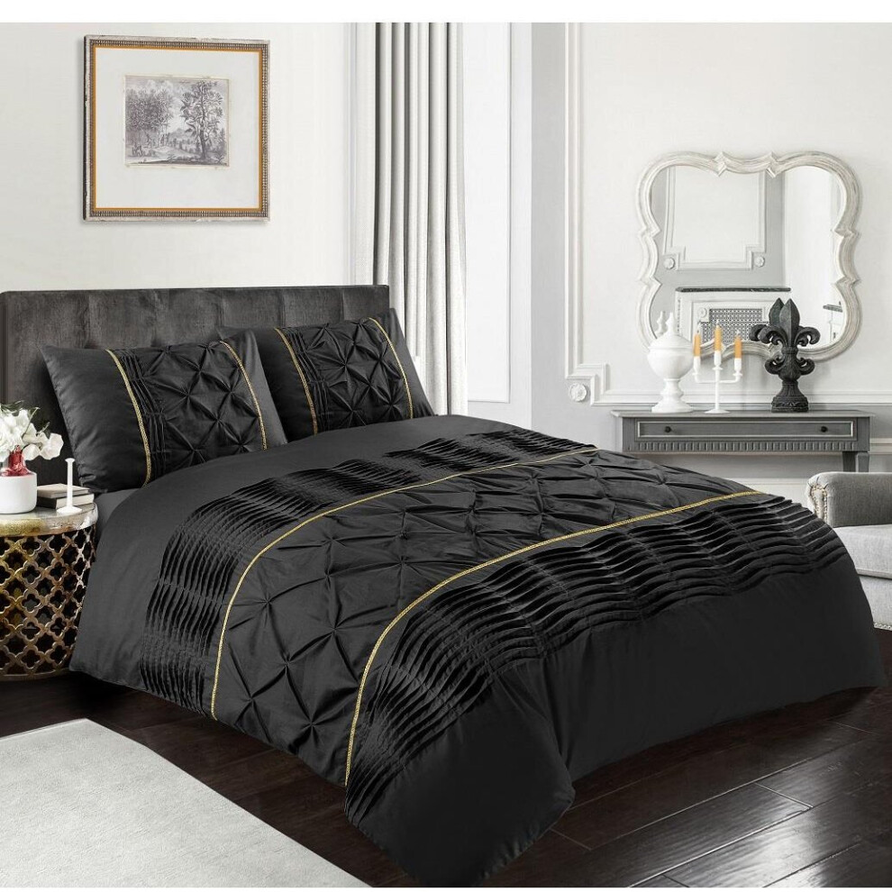 Homespace Direct (Black, King) Eleanor Luxury Pintuck Duvet Cover Set Bedding Quilt Cover