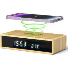 Digital Alarm Clock Wireless Charging, Bamboo Alarm Clocks, Date Temperature Dimmable LED Display, USB C Mains Powered Clock for Bedroom, Bedside