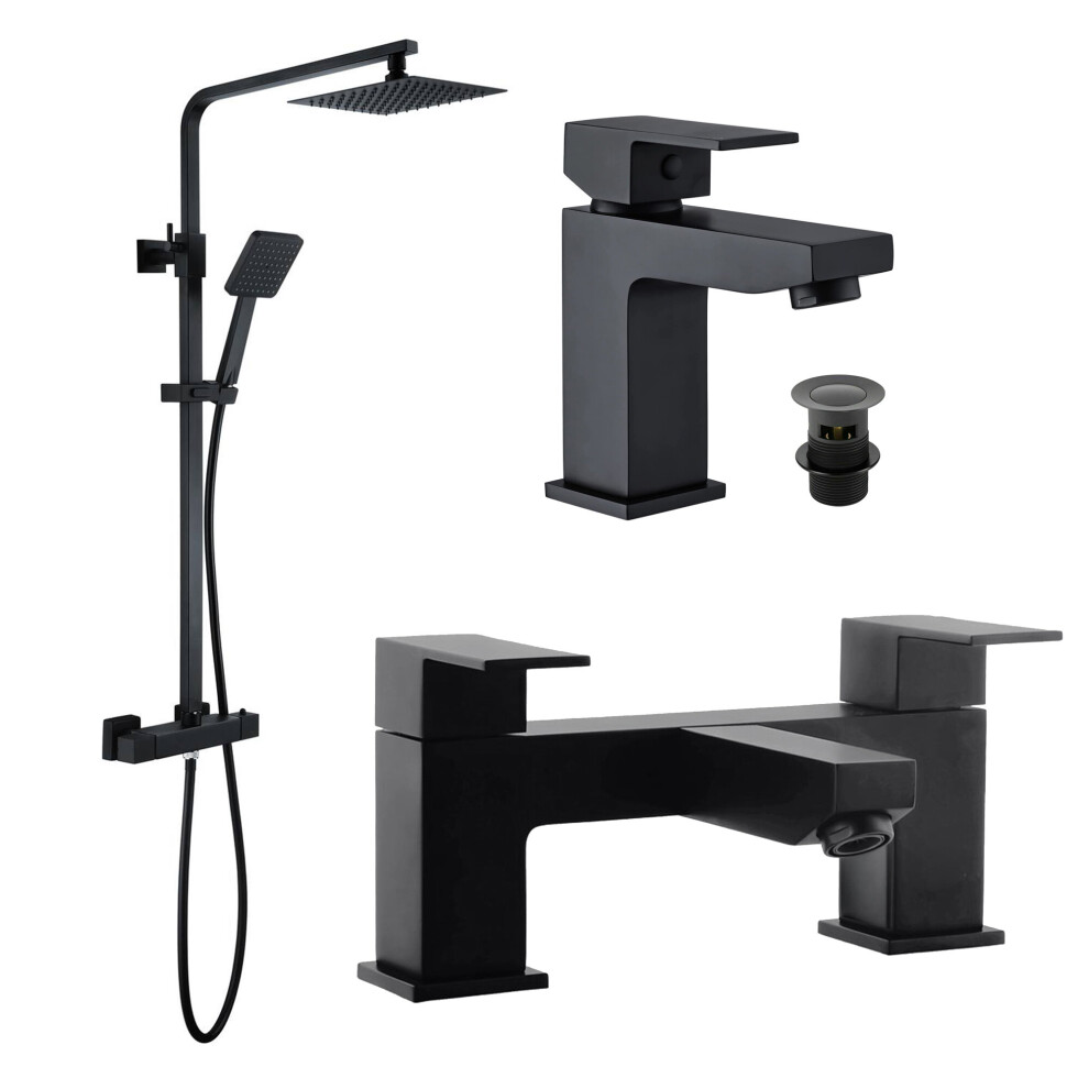 Square Black Thermostatic Overhead Shower Kit & Basin, Bath Filler Tap