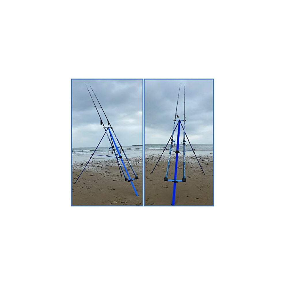 DELUXE SEA FISHING SET 2 14FT BEACHCASTER RODS + 2 SK7000 SEA REELS BLUE TRIPOD