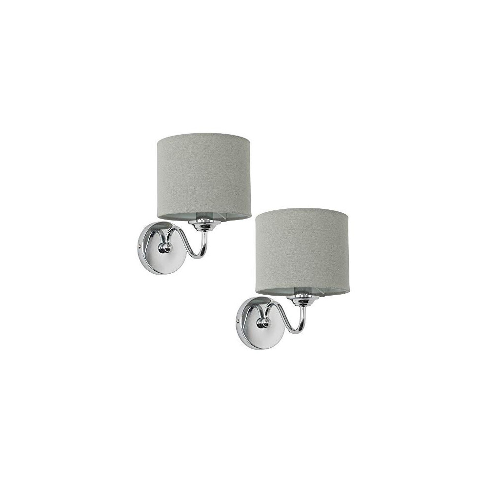 MiniSun Pair of Modern Chrome Curved Arm Wall Light Fittings with Grey Linen Drum Shades