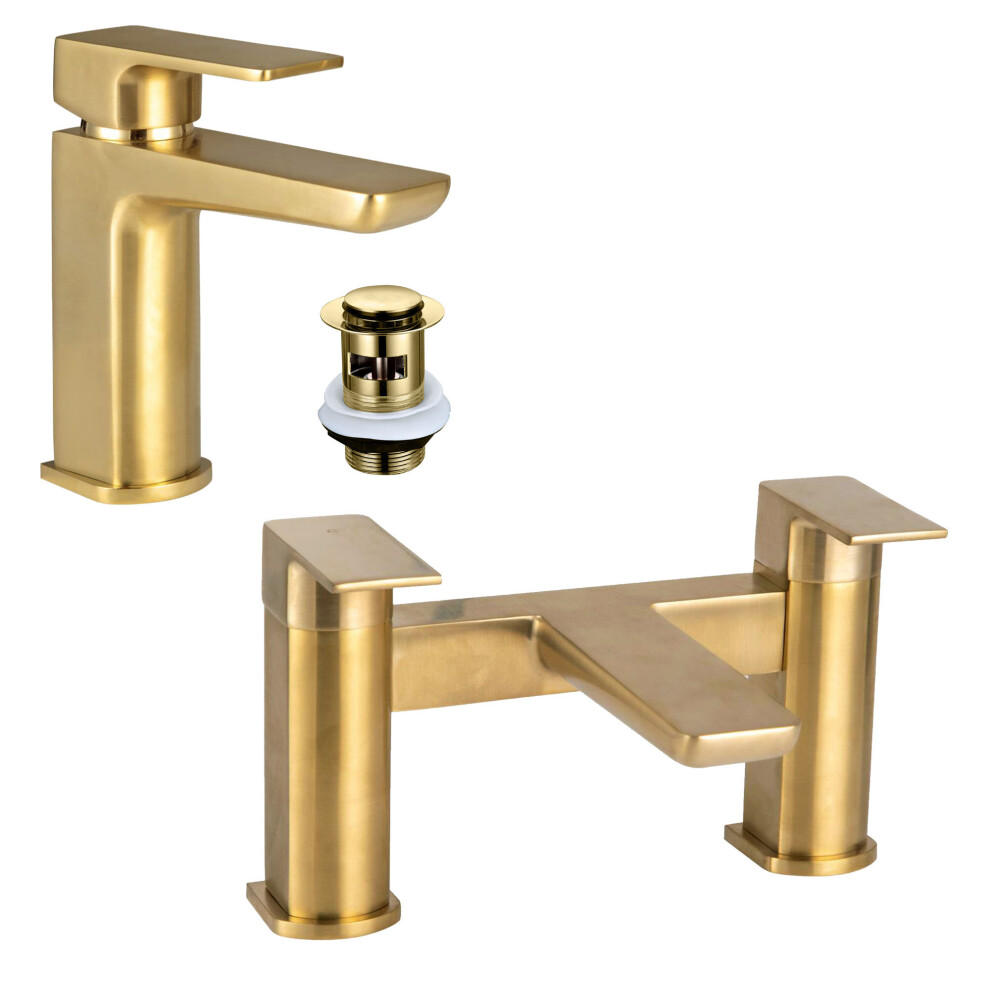 Curve Brushed Brass Basin & Bath Filler Tap Pack 5060966975847