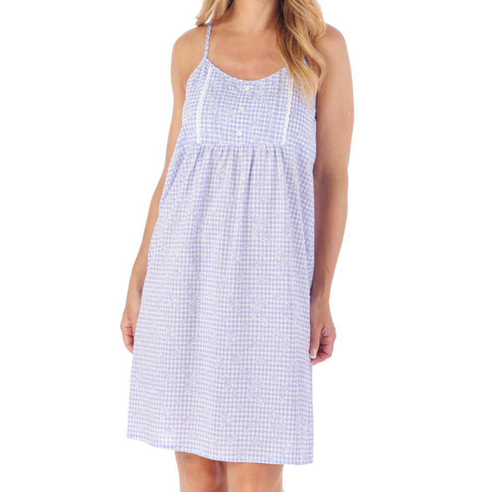 (Blue, UK 24/26) Slenderella Ladies Gingham & Flower Cotton Adjustable Strap Chemise