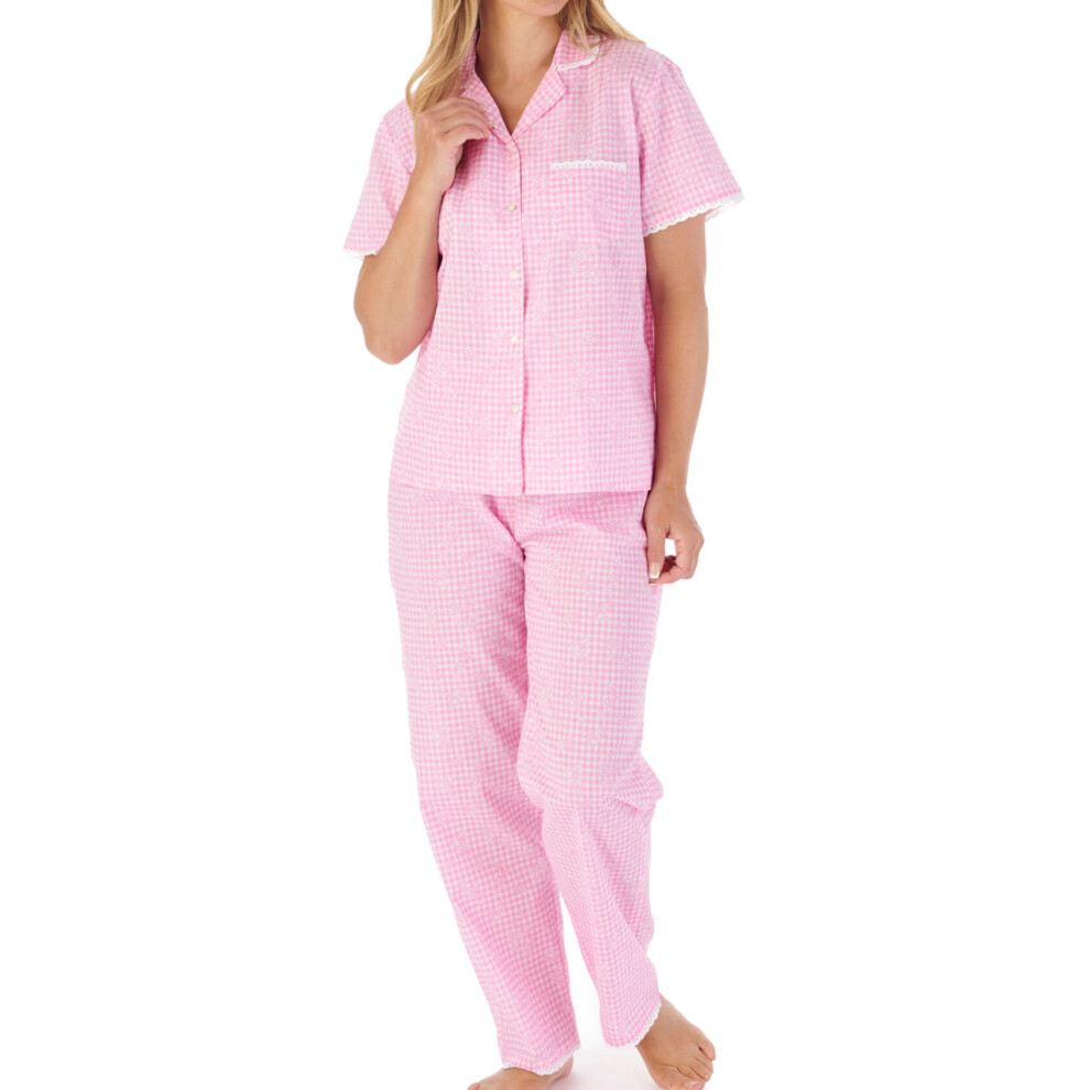 (Pink, UK 10/12) Slenderella Ladies Gingham & Floral Cotton Pyjamas Set