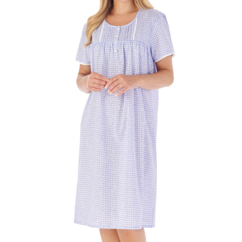 (Blue, UK 24/26) Slenderella Ladies Cotton Gingham & Floral Short Sleeve Nightdress