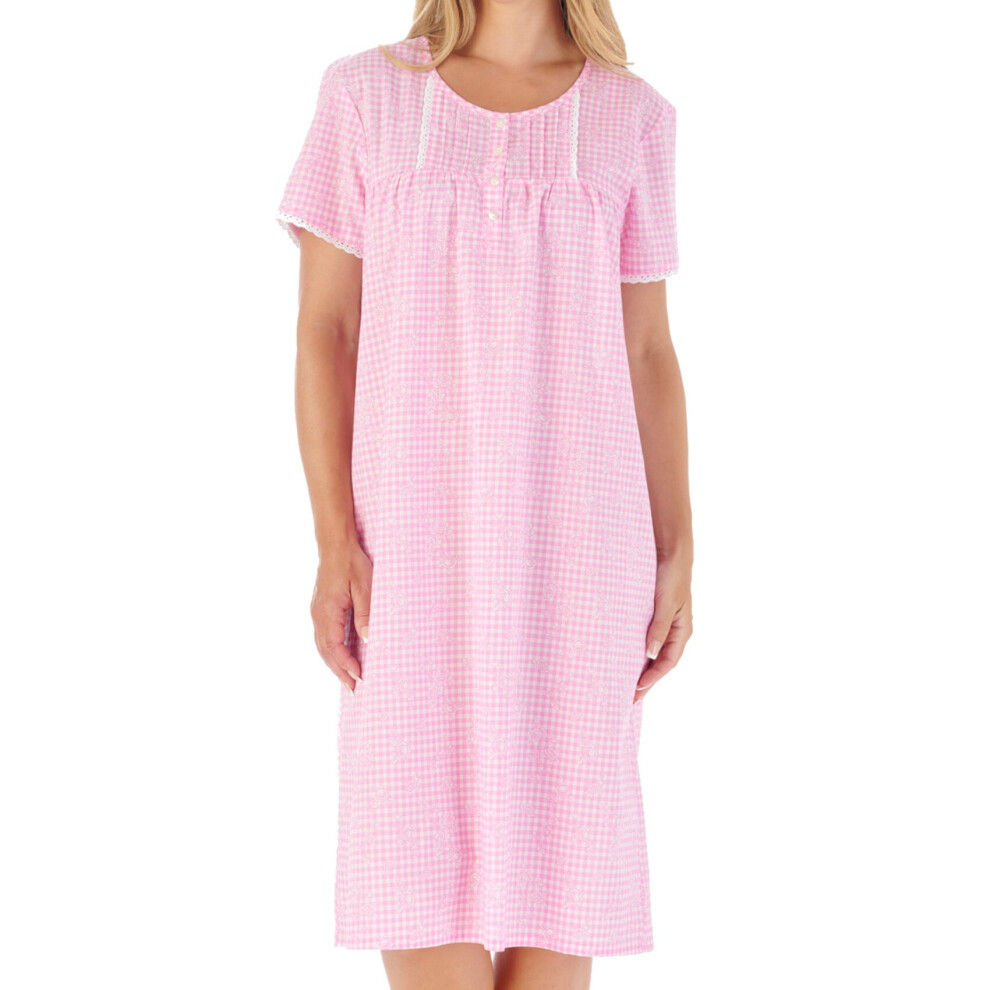 (Pink, UK 24/26) Slenderella Ladies Cotton Gingham & Floral Short Sleeve Nightdress