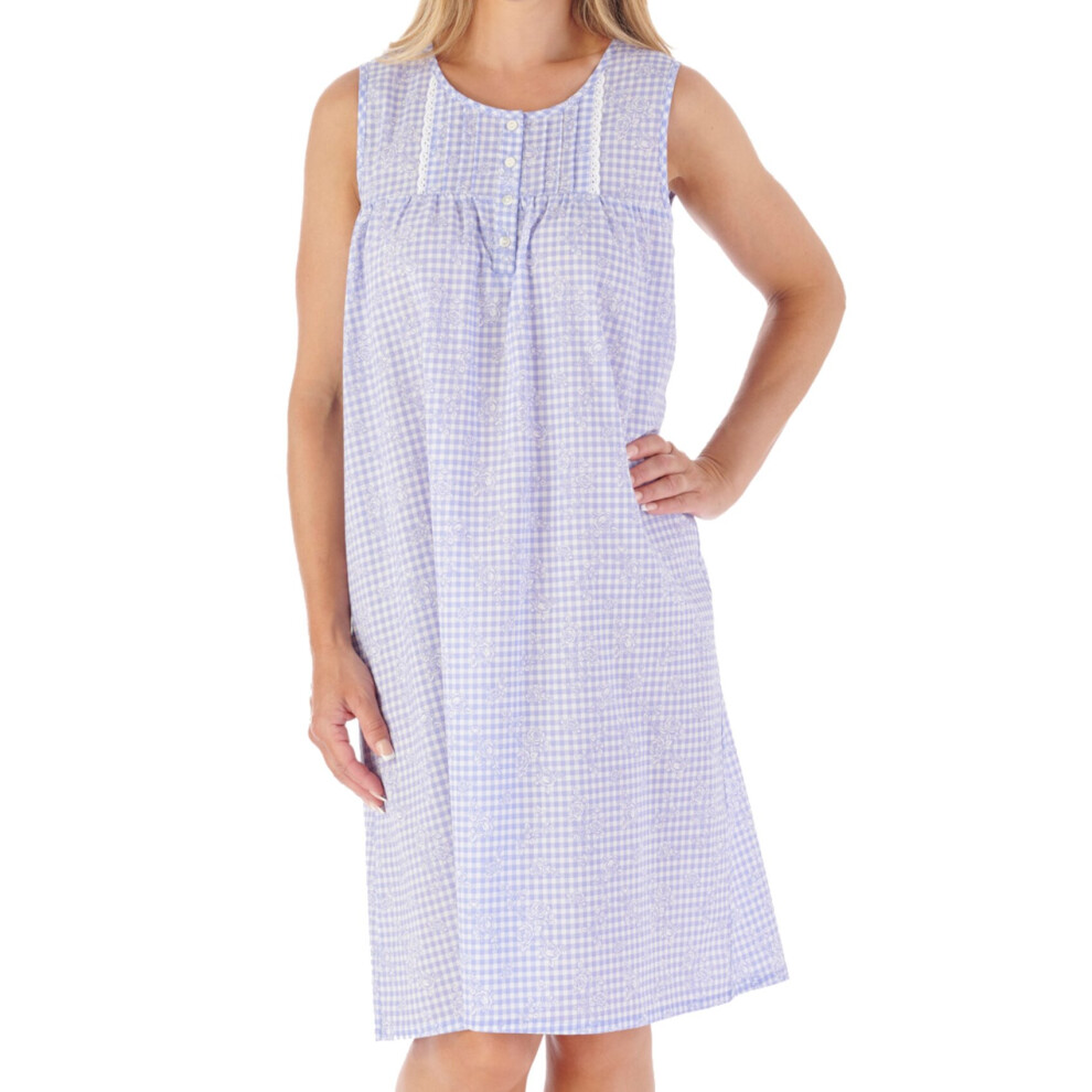 (Blue, UK 24/26) Slenderella Ladies Cotton Gingham & Floral Sleeveless Nightdress