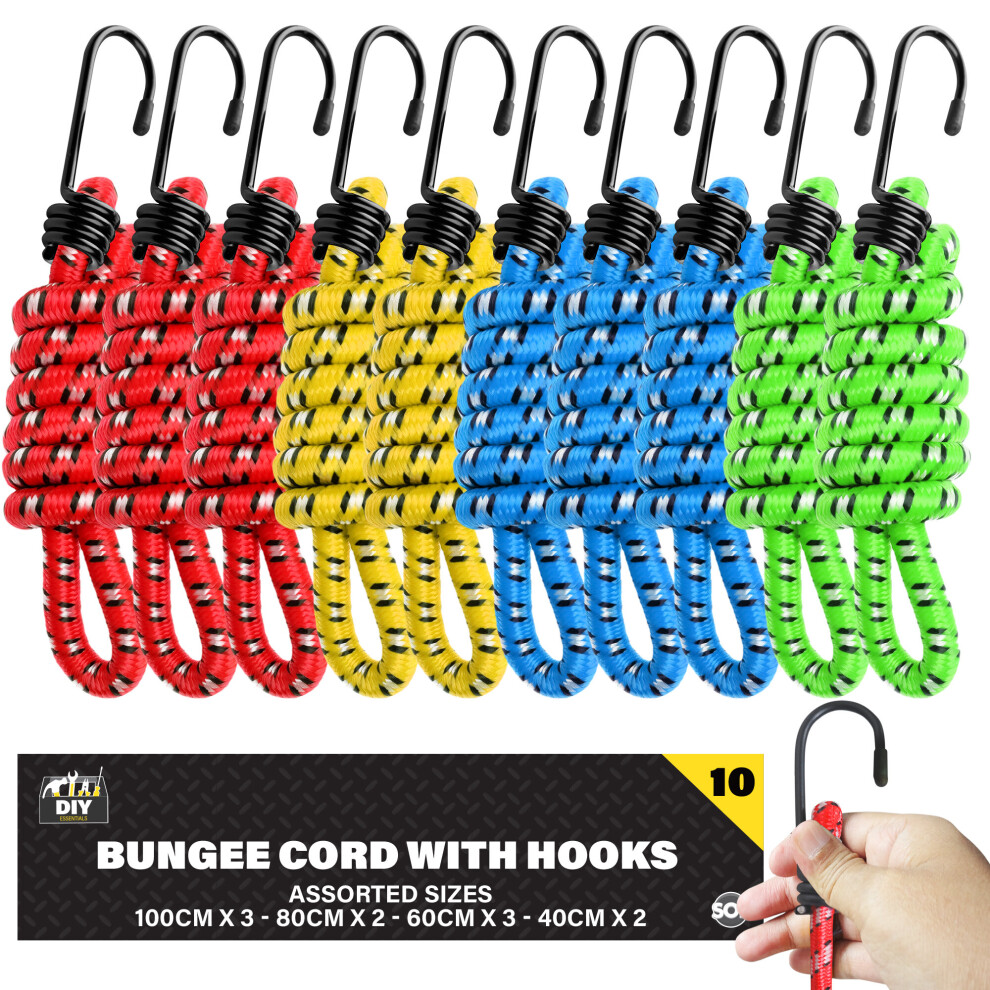 10pk Assorted Bungee Cords with Hooks | Long Bungee Cord with Hooks