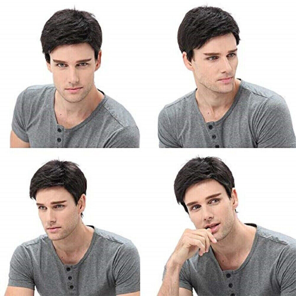 Skesrjtop Handsome Mens Short Wavy Wig Natural Black Cosplay Curly Layered Hair Full Wigs