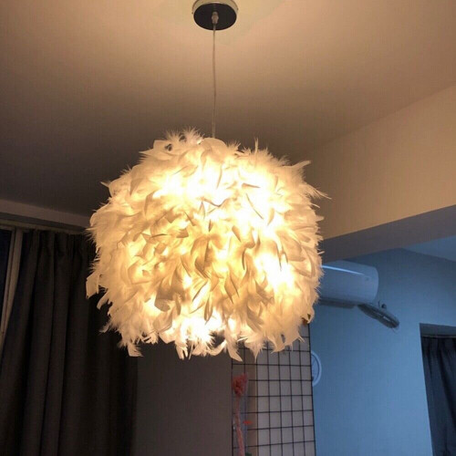 White Feather Shade Droplight Lamp Hanging Ball Bedroom LED Ceiling Light 30CM 2