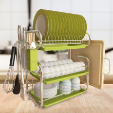 (Green) 3 Tier Dish Drainer Stainless Steel Dish Rack with Drip Tray