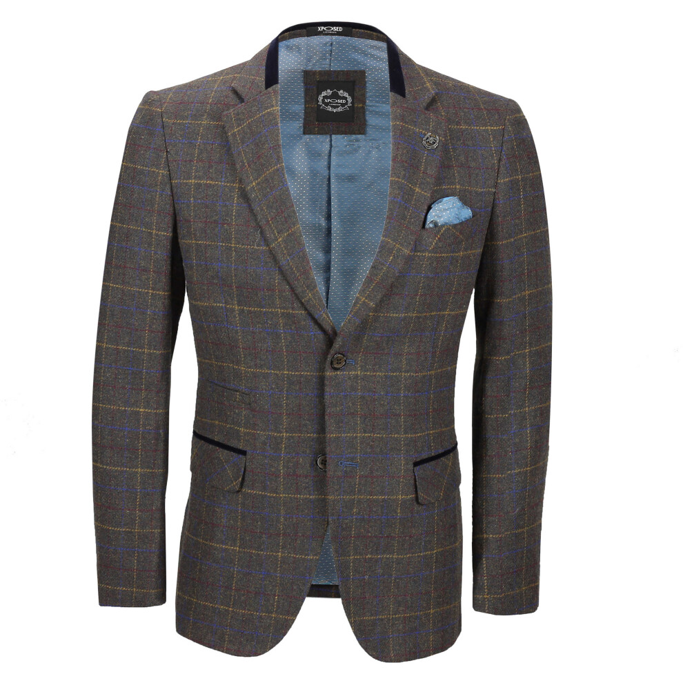 Mens Herringbone Tweed Check Blazer Vintage Tailored Fit Smart Designer Jacket[BLZ-MADISON-7003-3, UK 44 EU 54,Ash Brown]