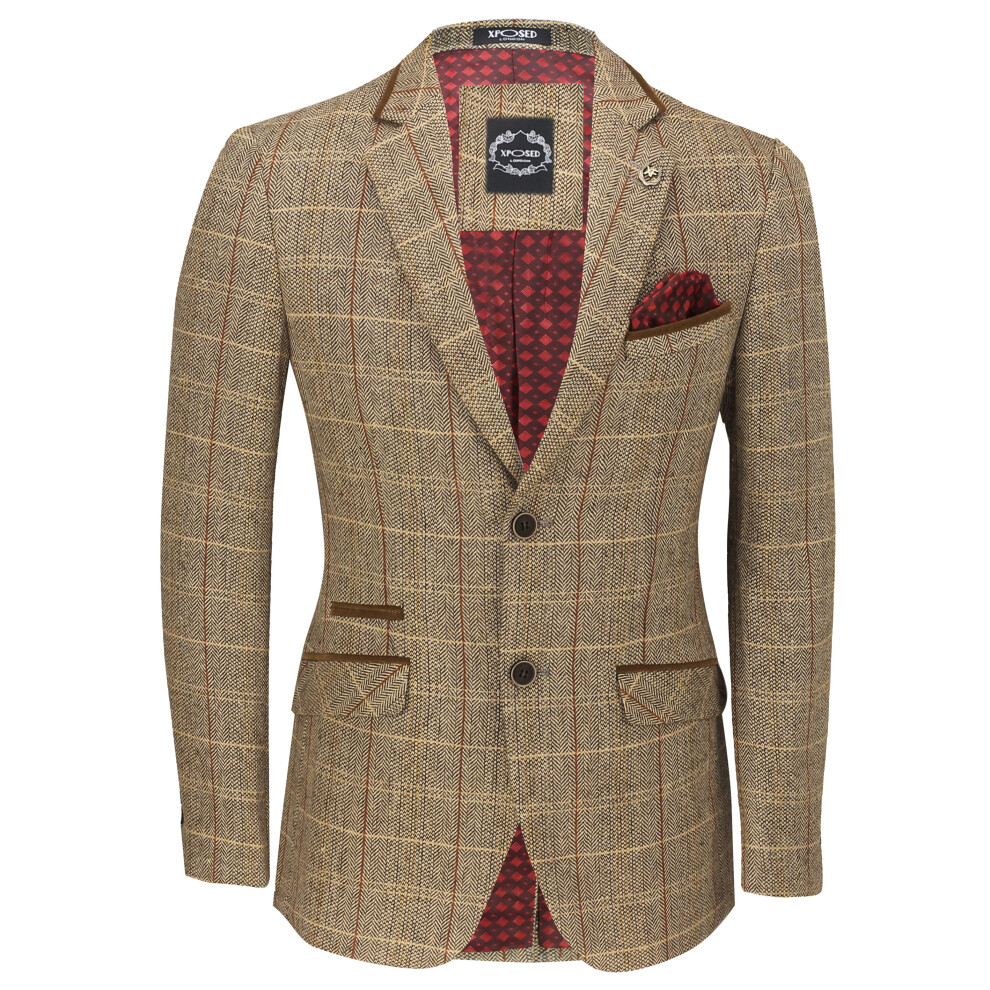 Mens Vintage Tweed Herringbone Check Grey Oak Tan Blazer Designer Smart Jacket [Light Oak Brown ,Chest UK 44 EU 54]