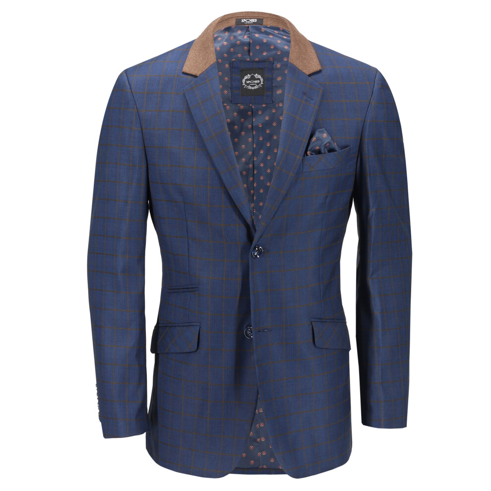 FALCO Mens Windowpane Check Blazer Tan Navy Blue Tailored Fit Suit Jacket [BLZ-FALCO-BLUE-50]