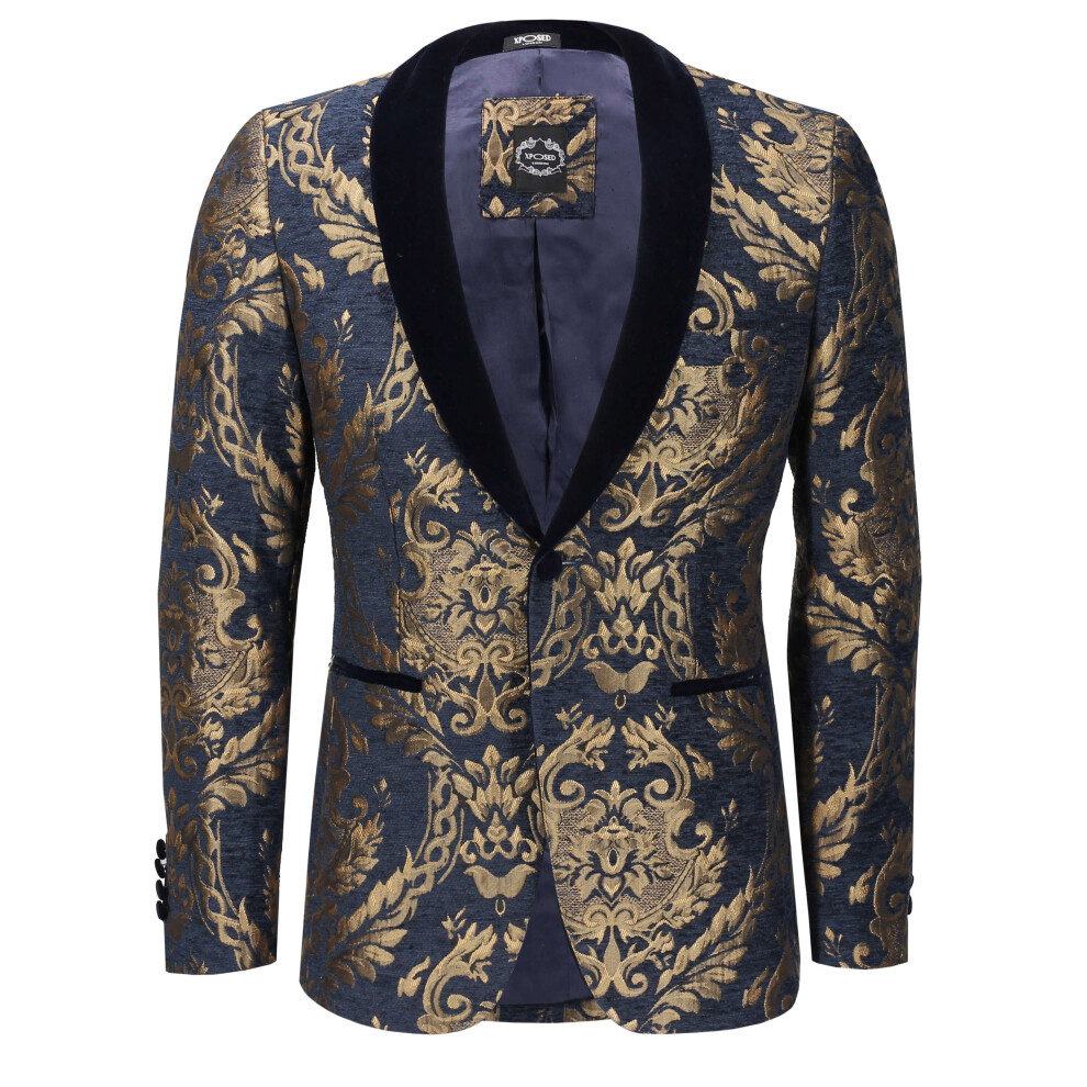 (40, Navy Gold Velvet) Mens Jacquard Blazer Gold Brocade on Flocked Navy Velvet Tailored Fit Tux Jacket