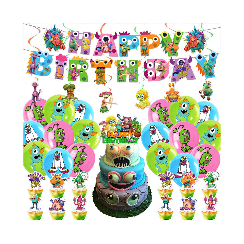 (SuitB) My Singing Monster Birthday Party Banner Balloon Cake Topper Decoration Articles