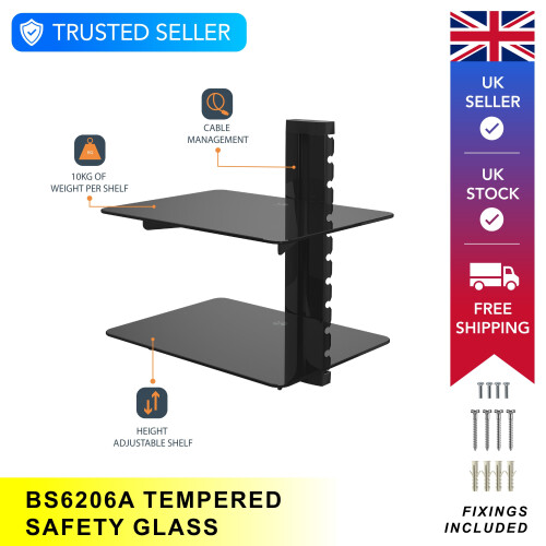 (2, Black) Floating Shelf Tempered Glass 1/2/3 Tiers MAHARA