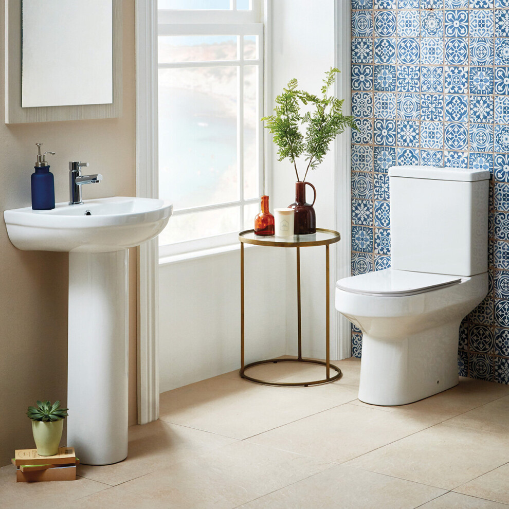 White Rimless Close Coupled WC Toilet Open Back Pan & Soft Close Seat | Luke