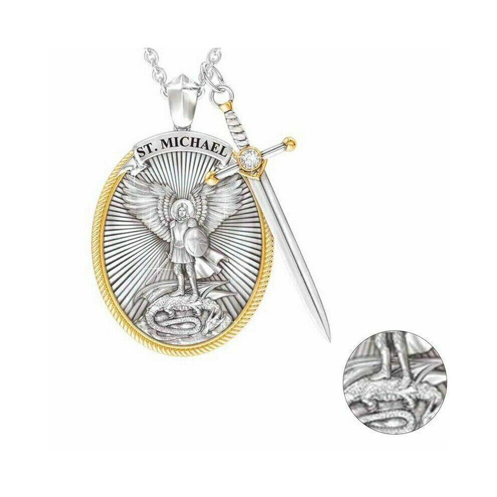 Catholic Patron The Archangel St Michael Pendant Necklace CZ Sword Lord Prayer