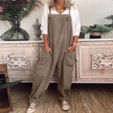(Khaki, 3XL) Womens Sleeveless Solid Jumpsuit Dungaree Ladies Solid Loose Rompers Overalls
