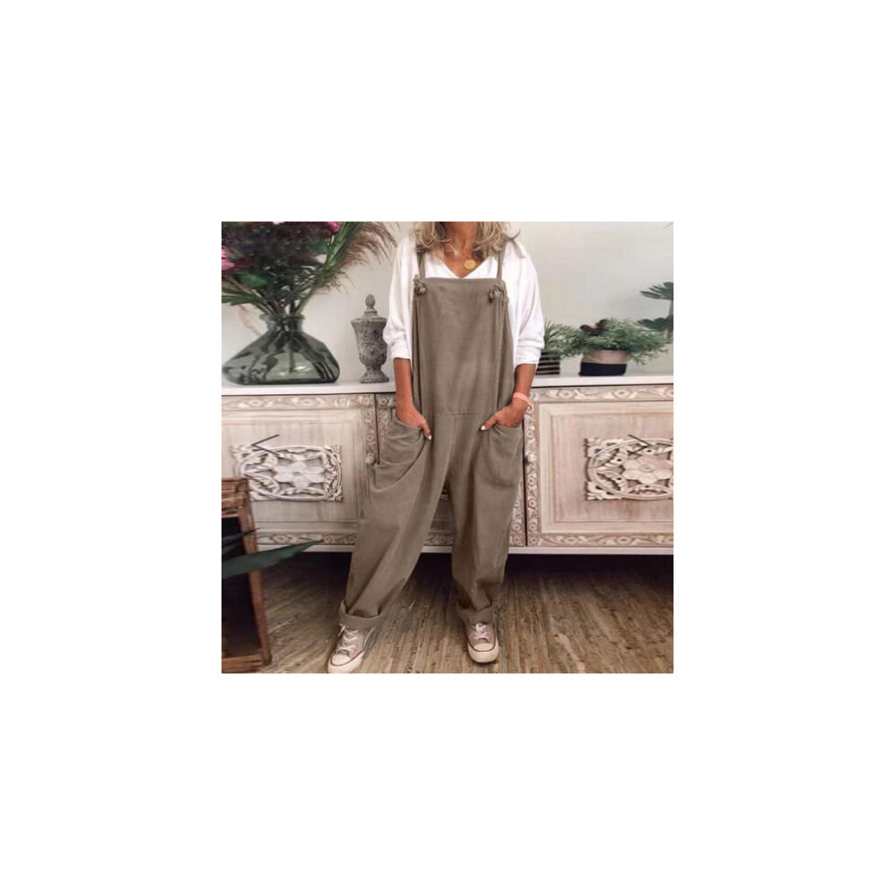 (Khaki, 3XL) Womens Sleeveless Solid Jumpsuit Dungaree Ladies Solid Loose Rompers Overalls