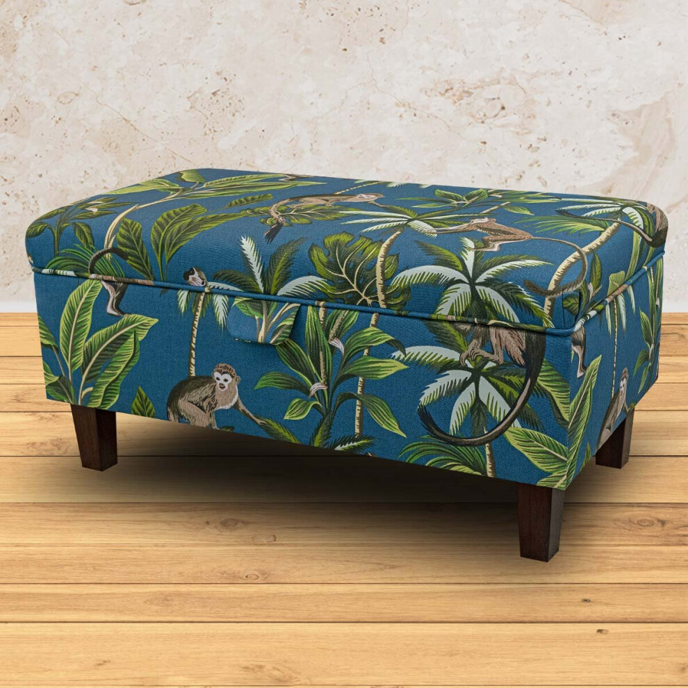 British Handmade Storage Ottoman in Monkey Teal Botanical Fabric