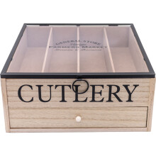 Vintage Wooden 4 Compartment Lid Cutlery Utensil Organiser Rack Holder