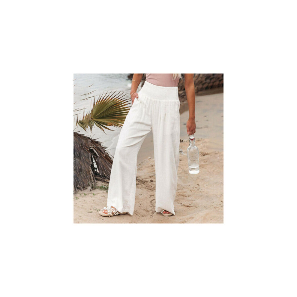 (White, M) Womens High Waist Cotton Linen Trousers Ladies Casual Baggy Wide Leg Bottom Pant-image-OPC-PBFTZQB-NEW