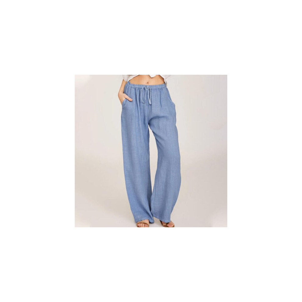 (Ligth Blue, XXL UK SIZE 16) Women Plain Cotton Linen Wide Leg Pants Ladies Summer Casual Drawstring Trousers-image-OPC-PBFTZXZ-NEW