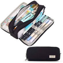 (Black) Trendy Korean Style Large Capacity Pencil Case Minimalist Durable Canvas Bag
