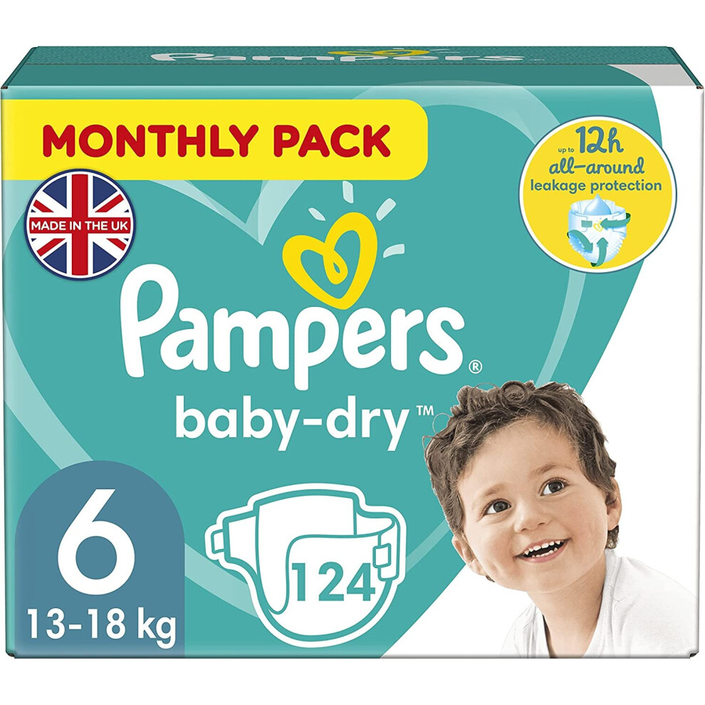 Pampers Baby Nappies Size 6 (13-18 kg/29-40 Lb), Baby-Dry, 124 Nappies