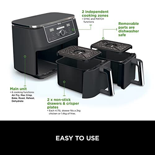 Ninja Φριτέζα αέρος διπλής ζώνης MAX [AF400UK] 9,5L, 2 συρτάρια, 6 λειτουργίες, μαύρο 2